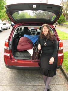 new car loaded with two harps